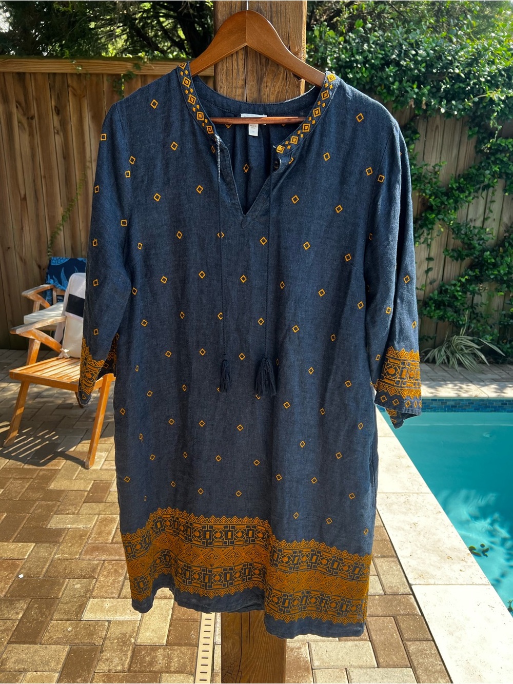 Garnet Hill Indigo Blue Tunic Dress with Mustard Embroidery
